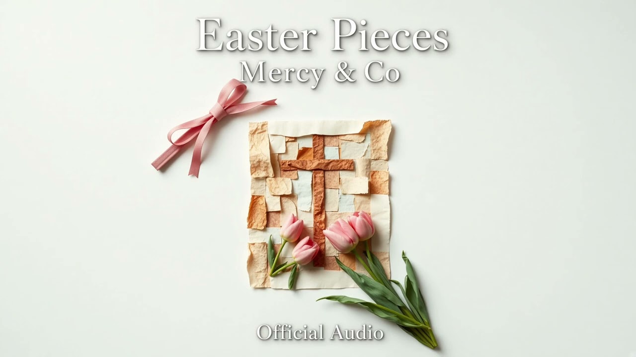 Easter Pieces artwork — paper collage cross with tulips